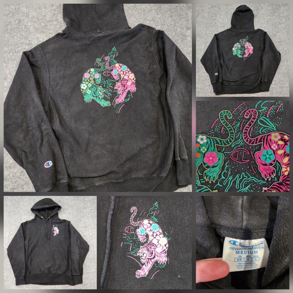 VTG Y2K‎ Champion Reverse Weave Womens M Medium Tiger Floral Sweatshirt Hoodie